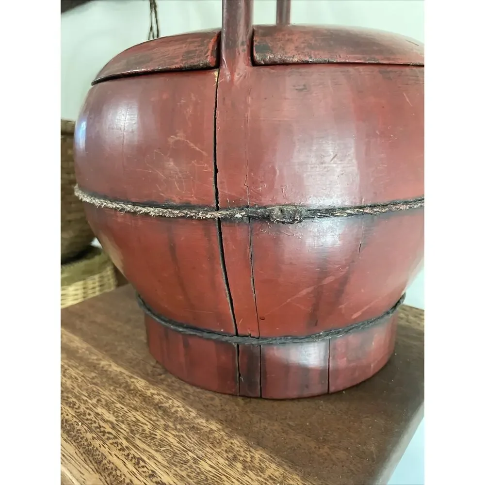 PRIMITIVE ANTIQUE CHINESE RED LACQUER WEDDING OR RICE BASKET WOOD HANDLE